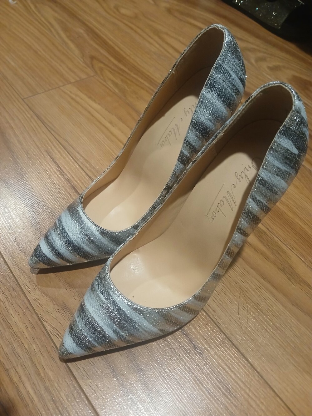 Striped Grey Pointed-Toe Pumps by Unbranded